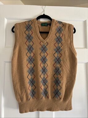 Camel Argyle 100% Lambs Wool  V-Neck Sweater Vest Size L